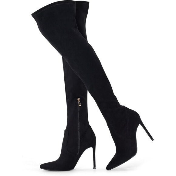 Women Black Suede Wools Polyurethane Over The Knee Stiletto Heel Pointed Boots - Picture 5 of 5